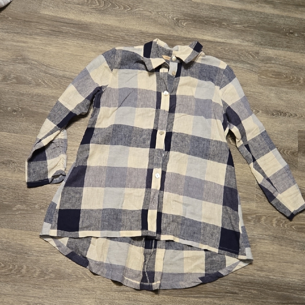 Soft Surroundings Blue/white Buffalo Check Linen Blend Tunic Sz Small